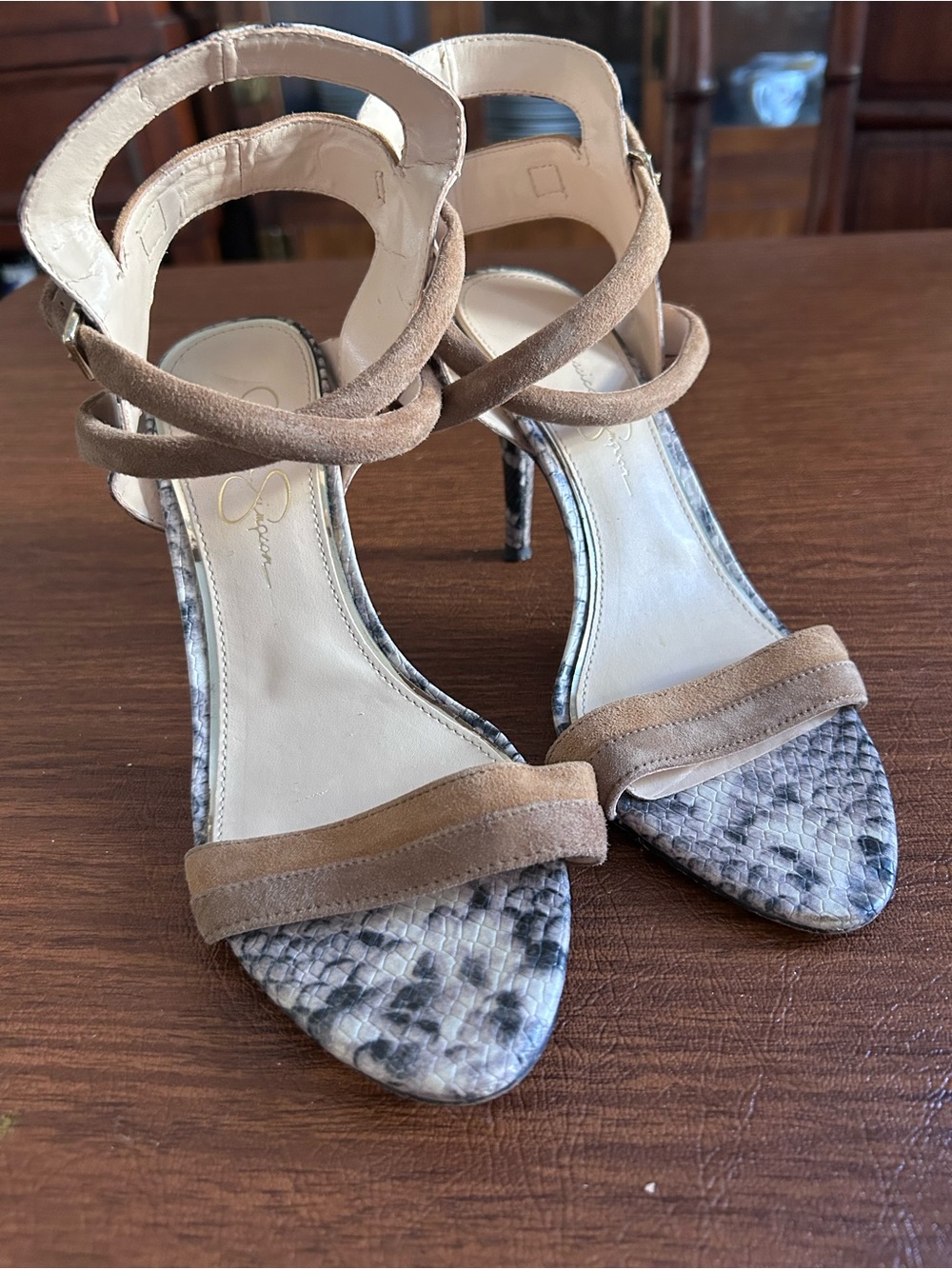 Jessica Simpson Taupe Suede Snake-Print Strap Heels